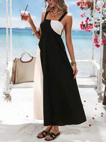SHEIN VCAY فستان طويل كاجوال بسيط ذو حمالات عريضة، قطعات ملونة