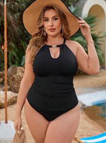 SHEIN Swim Curve Plus Size Women 2pcs Modest Solid Color Ribbed Tankini Swimwear Set, Suitable For Vacation, For Summer Beach