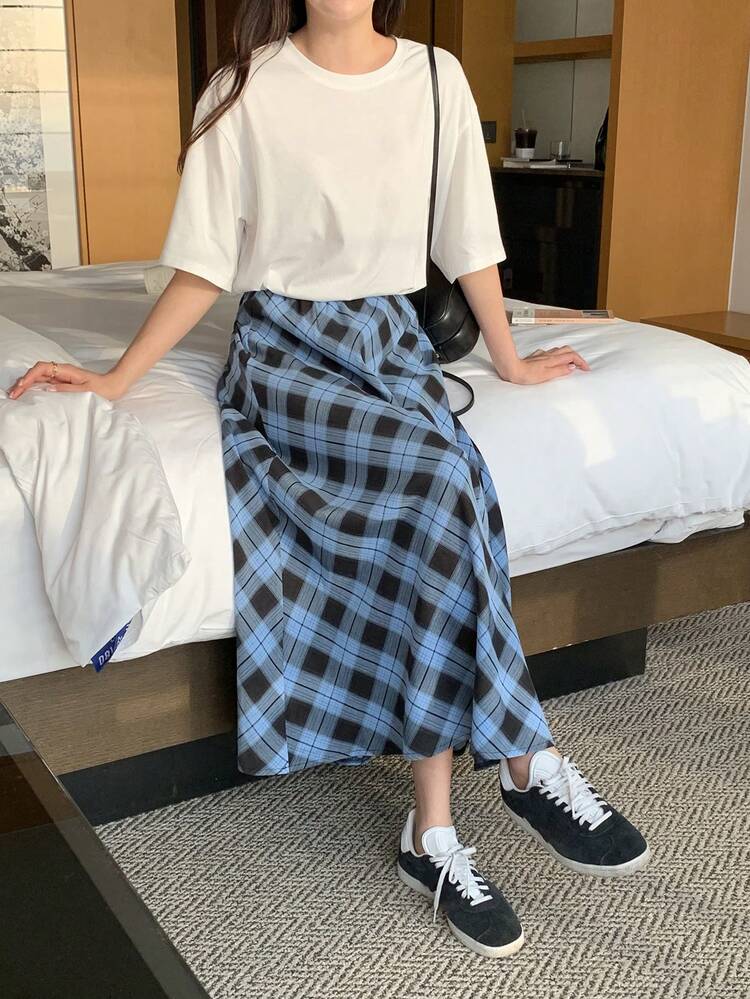 2pcs/Set Women Solid Color Loose Top And Plaid A-Line Skirt Set Summer