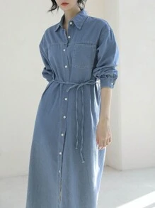 DAZY Women's Front Button Down Long Sleeve Pocket Waisted Loose Denim Dress - Blue - View 7