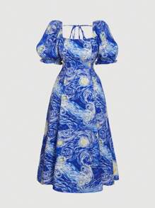 SHEIN MOD 大码夏季梵高“星夜”印花复古泡泡袖女式连衣裙，艺术系列度假野餐装 - 藍色 - 查看 1