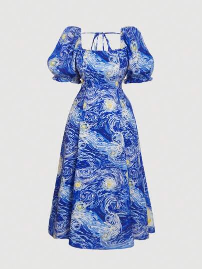 SHEIN MOD Plus Size Summer Van Gogh "Starry Night" Print Vintage Puff Sleeve Dress For Women, Art Series Vacation Picnic Outfit.. Plus Size Dresses Summer