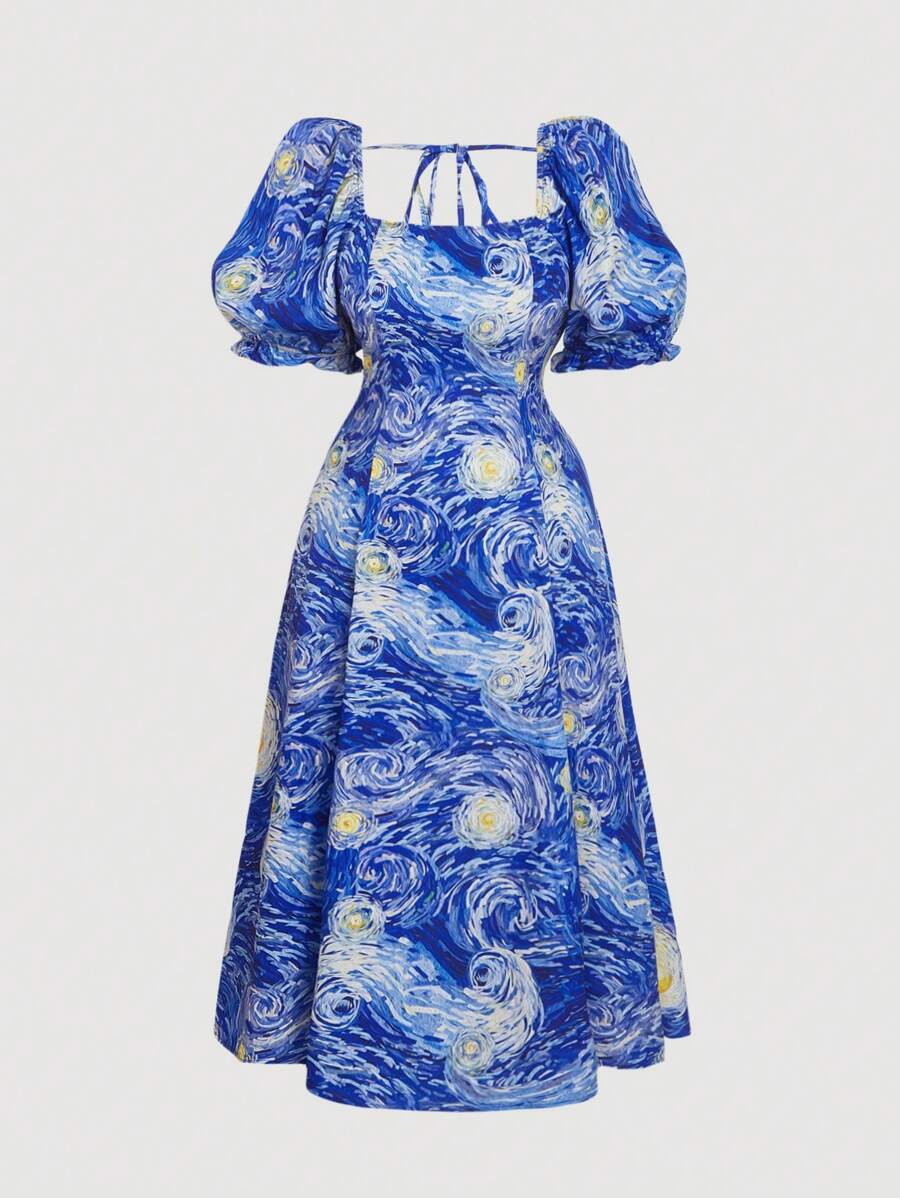 SHEIN MOD 大码夏季梵高“星夜”印花复古泡泡袖女式连衣裙，艺术系列度假野餐装 - 藍色 - 查看 1