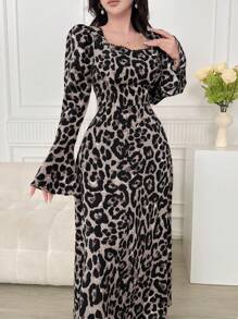 Feyla Vestido de mujer de manga de campana con estampado elegante de leopardo - Blanco y Negro - Ver 4