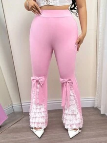 SHEIN ICON High Waist Split Lace Tiered Patchwork Bow Decor Bodycon Flared Wide Leg Pants