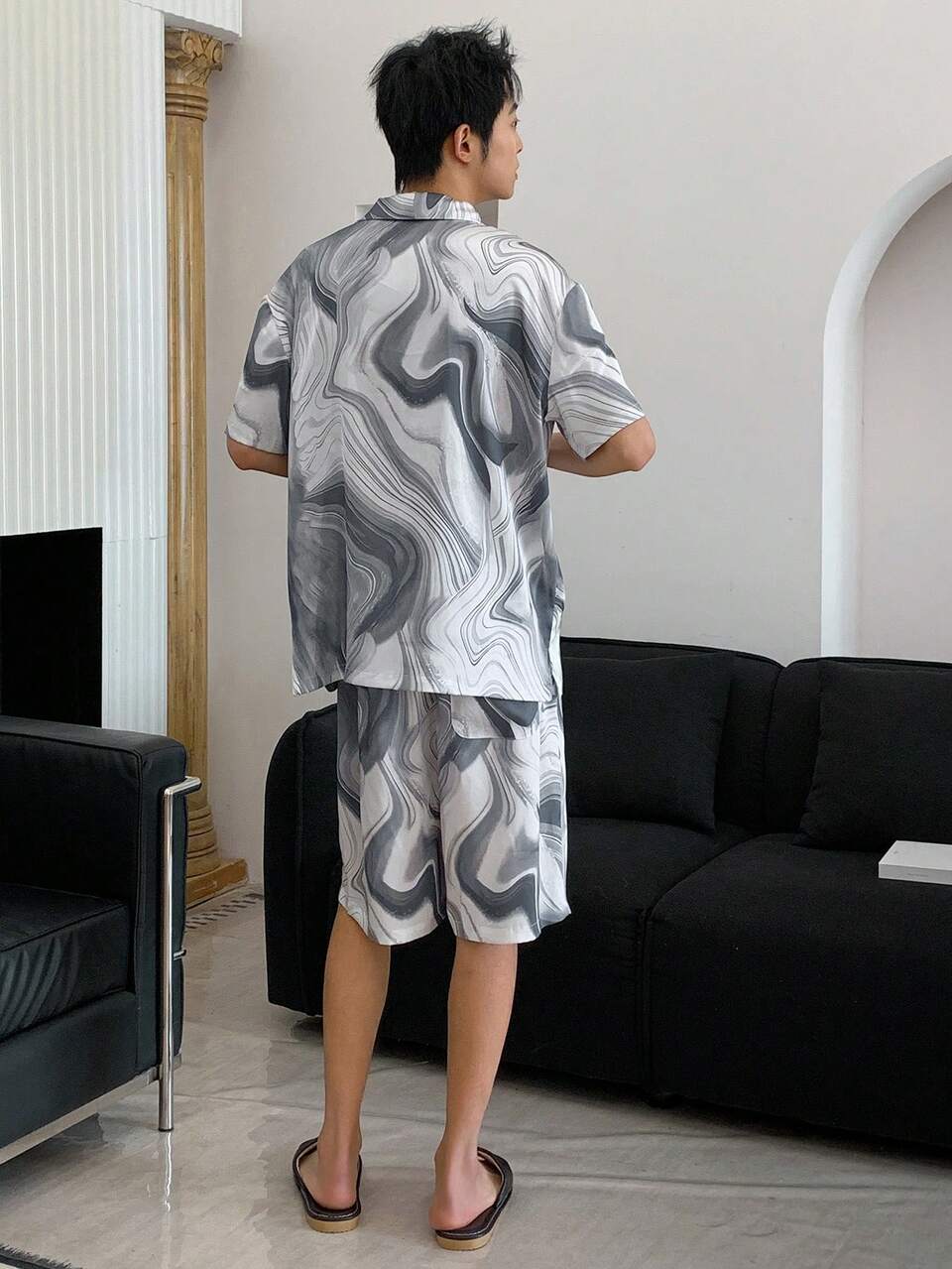 Floral Satin Printed Short Sleeve & Shorts Loungewear Set For Men, Summer Pajama