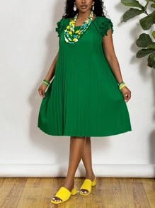 Slaydiva Plus Size Green Ruched Wavy Hem Sleeveless A-Line Dress For Spring/Summer Vacation - Green - View 1