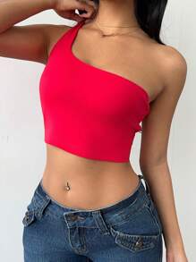 SHEIN BASICS 2 piezas Top corto ajustado de un solo hombro de punto de unicolor informal para mujer