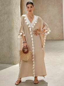 SHEIN Clasi Women's Casual Elegant Vacation V-Neck Floral Ruffle Decor Batwing Sleeve Dress, Ramadan Boho Music Festival