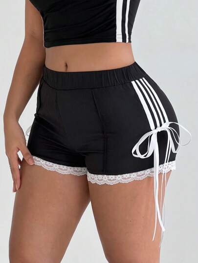 SHEIN Sweetina 学院风低腰撞色缎带蝴蝶结蕾丝拼布迷你短裤