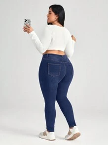 SHEIN CURVE+ 黑色加大码牛仔裤 紧身弹力长裤 经典百搭 - 中等水洗藍 - 查看 2