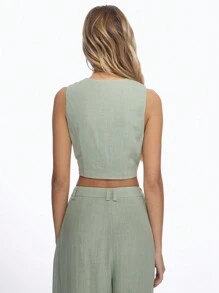 MISSGUIDED 优雅亚麻短款马甲 专业夏季无袖商务背心 纽扣前襟办公室着装 现代简约时尚上衣 圣诞节 - 綠色 - 查看 2
