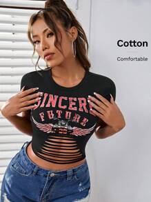 SHEIN EZwear Fashionable Sexy Letter Print Hollow Out Fitted Cropped T-Shirt - Black - View 3