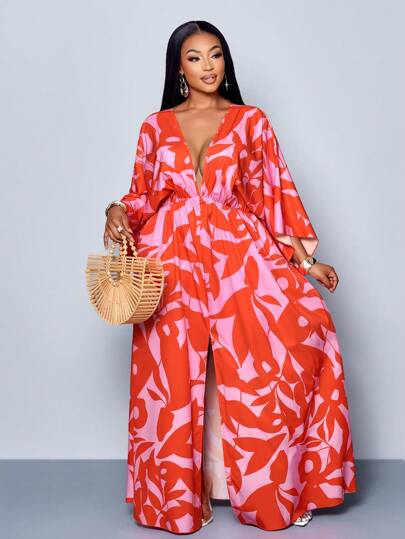 SOLERSUN Plus Size Women's Holiday Plant Printed V-Neck Batwing Sleeve Split Thigh Maxi Dress , Suitable For Vacation & Dating And Daily Outfit, Spring Break