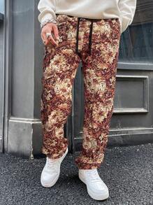 Manfinity Streetrush Pantalones casuales rectos de hombre con estampado jacquard vintage