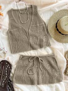 SHEIN Unity Lässiges/Urlaubsmäßiges 2-teiliges Set aus Cut Out gestrickter Weste und Rock - Khaki - Übersicht 5
