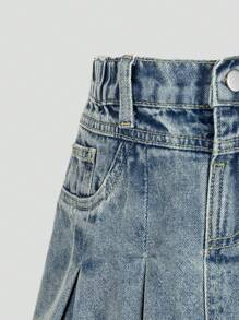 Sparklyn 年轻女孩复古时尚百搭简约褶皱洗水牛仔迷你裙