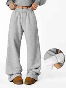 LYSMO Women's Solid Color Elastic Waist Loose Fit Thermal Lined Sweatpants, Baggy Pants - Grey - View 6