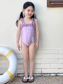 DAZY Girls' One-Piece Swimsuit With Frill Trim And Bow, Kid Clothes For Fall - Violet Purple - View 4