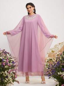 Al Najma 女士粉色两件套仿珍珠圆领长袖网眼拼接简约阿拉伯风装春季情人节