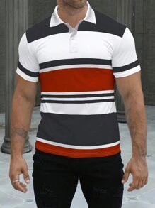 SHEIN Manfinity Dauomo Chemise polo à manches courtes homme à rayures bicolores tendance