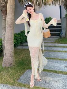 DAZY 2pcs Women Vacation Textured Sheer Lace Top & 3D Floral Decor Dress,Ruffle Lounge Sets For Women - Beige - View 9