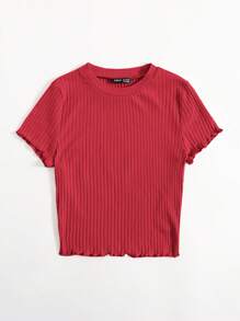 SHEIN EZwear Solid Lettuce Trim Rib-knit Tee - Burgundy - View 5