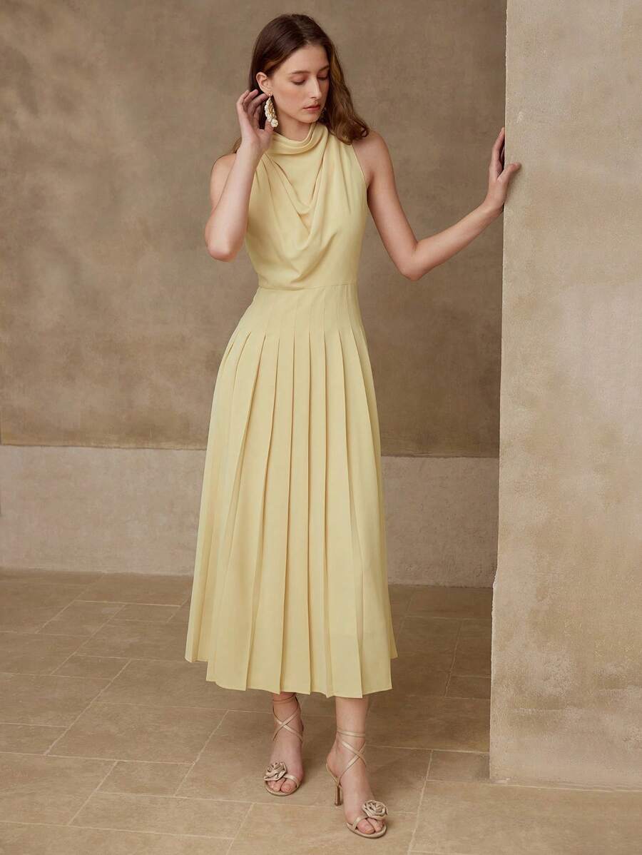 MOTF PREMIUM VESTIDO PLISADO DE CUELLO DE BUFANDA - Amarillo - Ver 2