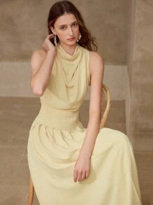 MOTF PREMIUM VESTIDO PLISADO DE CUELLO DE BUFANDA - Amarillo - Ver 5