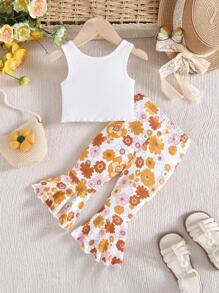 SHEIN Leap Crew Baby Girl Casual Vacation Top And Floral Print Flared Pants Set - Multicolor - View 2