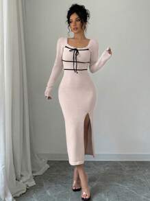 Calvaya Nuevo estilo de vestido suéter elegante y sexy con cuello cuadrado, abertura y cordón ajustable para mujer