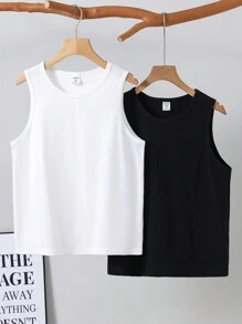 SHEIN 2pcs/Set Tween Boy Casual Comfortable Solid Color Knitted Top, School, Campus, College - Black and White - View 3