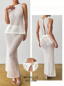 SHEIN Unity Set de 2 piezas de top sin mangas y falda tejidos a ganchillo con diseño calado - Blanco - Ver 3