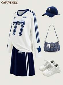 SHEIN Explorewe Set de 2 piezas para adolescentes compuesto por una camiseta de manga larga tipo raglán con estampado de rayas y letras en estilo deportivo americano casual, y una falda mini con cordón ajustable con estampado de rayas, adecuado para primavera/verano - Multicolor - Ver 3