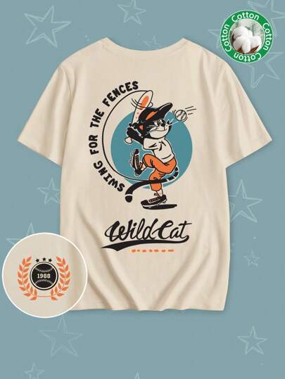 Tseoso T-shirt ample à manches courtes col rond, style minimaliste décontracté avec motif de chat de dessin animé et de baseball. Convient pour le jour de jeu d'été. Composé de coton.