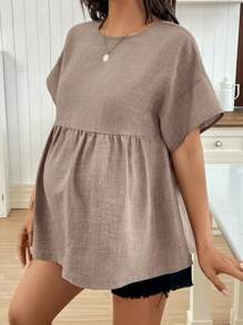 SHEIN 孕妇简约纯色圆领短袖褶皱衬衫，休闲日常穿着 - 杏色 - 查看 4