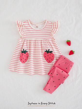 Cozy Pixies Baby Mädchen 2-teiliges Set: Erdbeer-Muster Rundhals-Rüschenbesatz Top und Hose mit Gummibund
