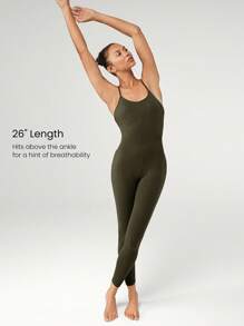 GLOWMODE Jumpsuit Bodysuit FeatherFit™ U-Back 26" dengan Kantong Pengontrol Perut, Dukungan Ringan, dan Dampak Rendah untuk Yoga, Pilates, dan Studio Musim Panas. - Hijau Tentara - View 6