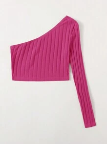 SHEIN EZwear One Shoulder Rib-knit Crop Top - Pink - View 3