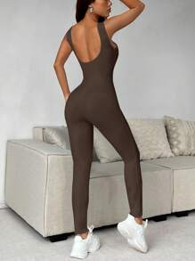 SHEIN EZwear Women's Solid Color Wide Strap Casual Slim Fit Jumpsuit - Coffee Brown - View 6