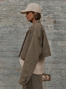 MUSERA Cropped Boxy Fit Long Sleeve Seam Detail Collared Denim Jacket Spring 90's Y2k Streetwear Summer Concert Streetwear Back To School Fall Autumn Winter Everyday Work Office Casual  Chic - Camel - View 2