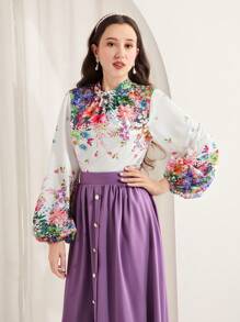 SHEIN Teen Girl 2 Pieces Outfit: Floral Print Long Sleeve Shirt With Decorative Buttons And Waist-Cinching A-Line Skirt, Elegant And Suitable For Spring/Summer - Purple - View 4