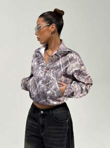 StreetHx Hanorac cu mânecă lungă și fermoar pe jumătate pentru femei, cu imprimeu vintage cu frunze, cu umeri căzuți, stil stradal, potrivit pentru pulover de toamnă/iarnă - Multicolor - Vizualizare 5