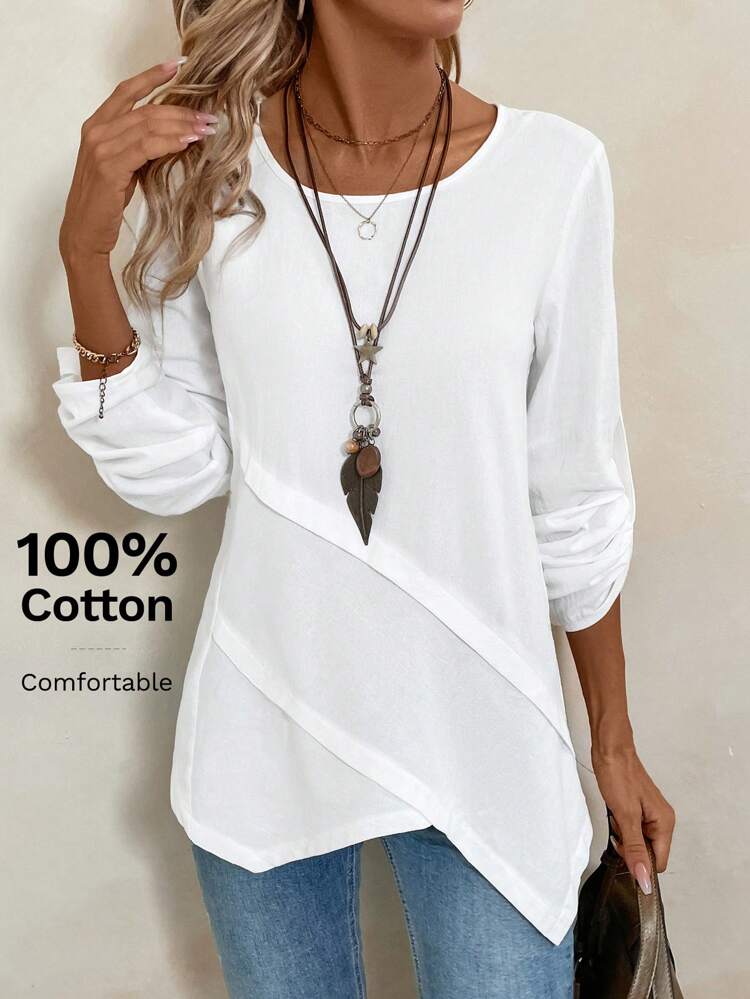 Women Round Neck Asymmetrical Hem White Blouse