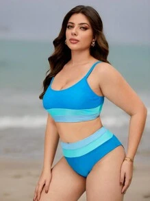 SHEIN Swim Curve Costume da bagno bikini a blocchi di colori per taglie forti per l'estate - Blu - Visualizzare 6