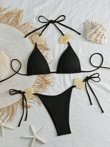 Swim SXY Conjunto de bikini de 2 piezas para mujer con parte superior de halter de unicolor, ondulado, y triángulo con gran detalle de concha - Negro - Ver 4