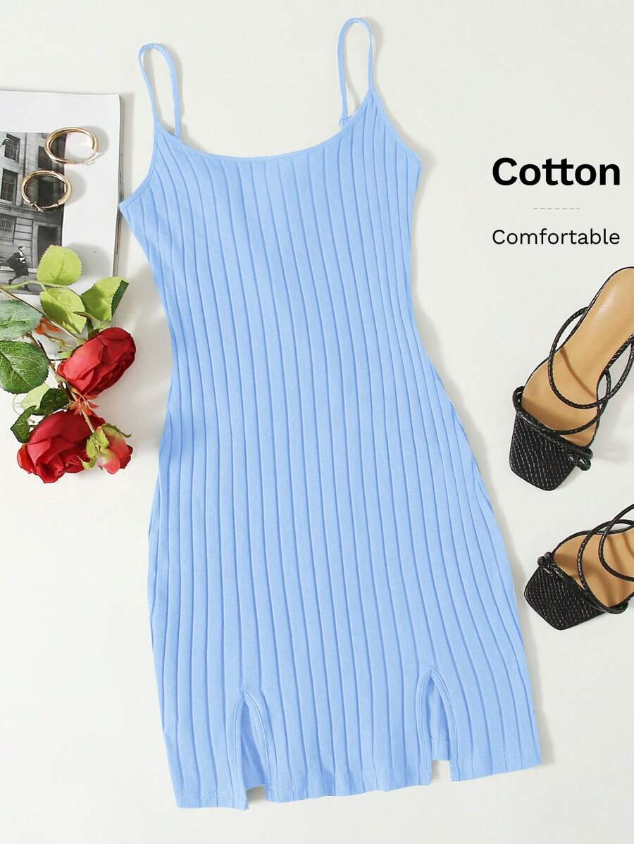 SHEIN EZwear Ribbed Cami M-Slit Bodycon Mini Dress,Tea Party Dress,Summer Dresses For Women - Baby Blue - View 1