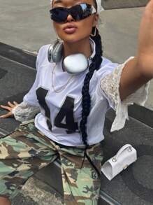 Women's V-Neck Numeric Print Casual Blouse, Versatile For Everyday Wear Fall Cloth For Women