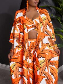 SHEIN CURVE+ Plus Size 3 Pieces Set Women's Loose Tropical Plant Pattern Beach Vacation Outfit - Orange - View 4