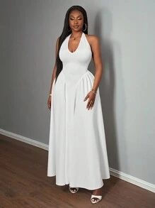 Slaydiva 优雅 V 领挂脖长裙，白色，度假风格